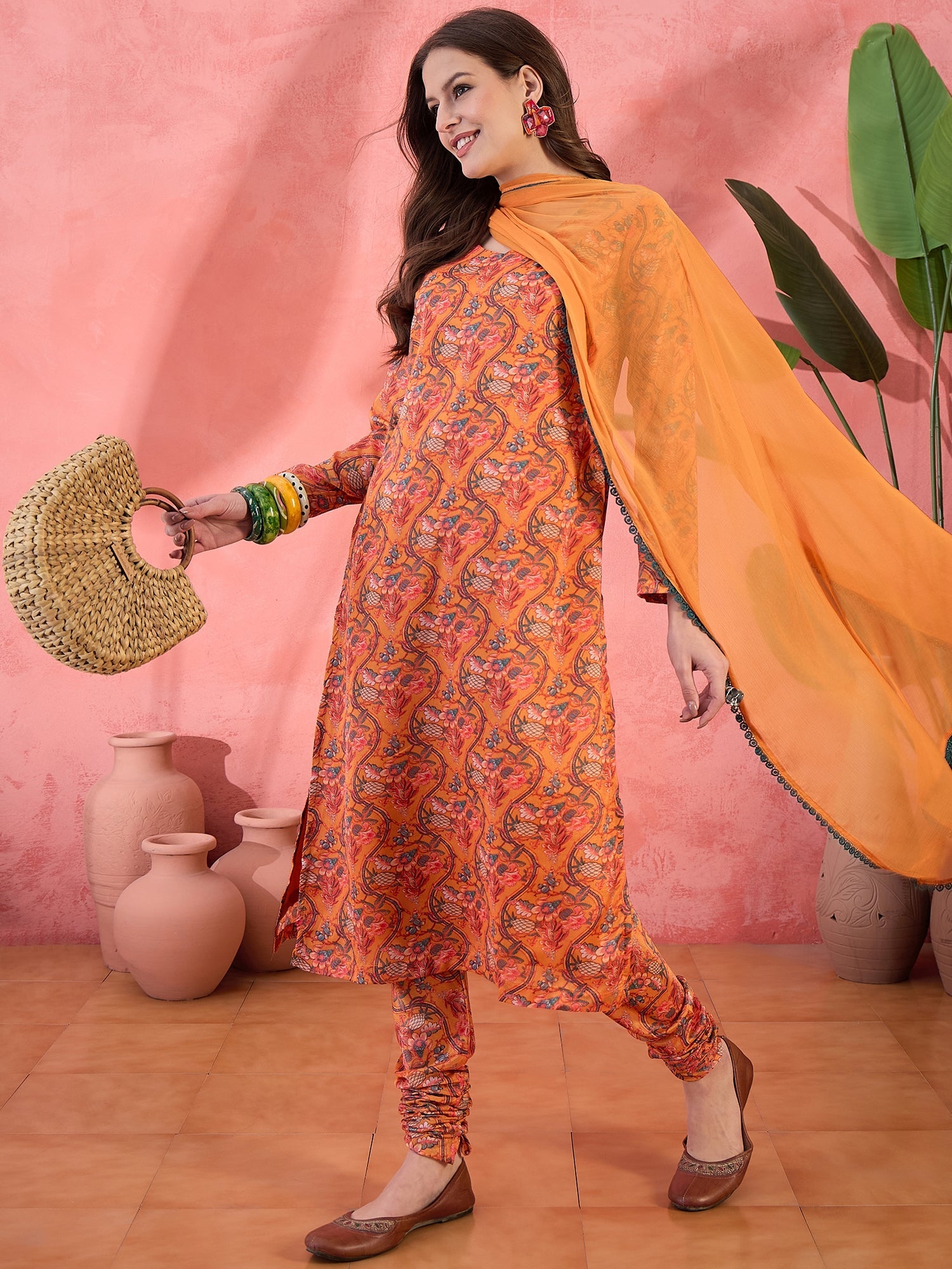 Orange Floral Print Anarkali Churidar With Dupatta - Elganza