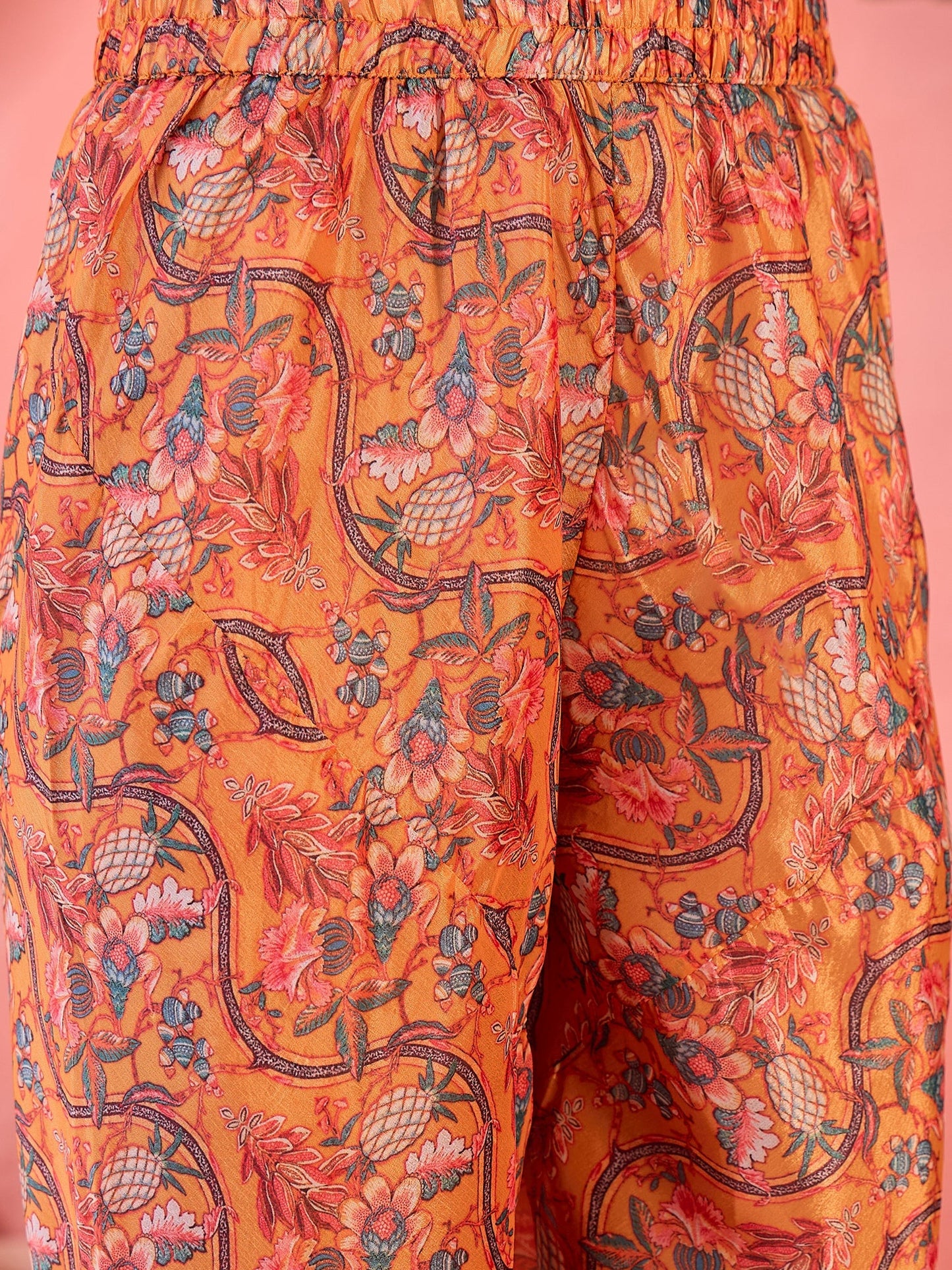 Orange Floral Print Anarkali Churidar With Dupatta - Elganza