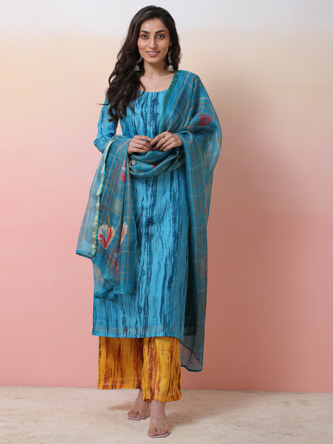 Blue & Mustard Printed Kurta Palazzo With Dupatta - Elganza