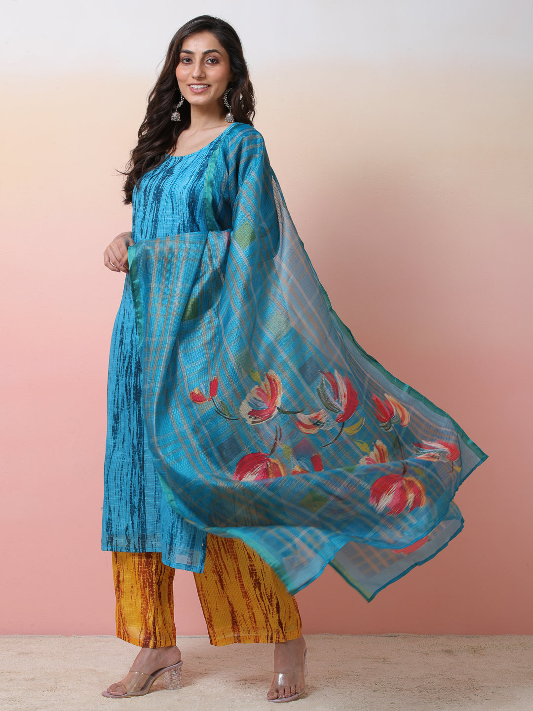 Blue & Mustard Printed Kurta Palazzo With Dupatta - Elganza