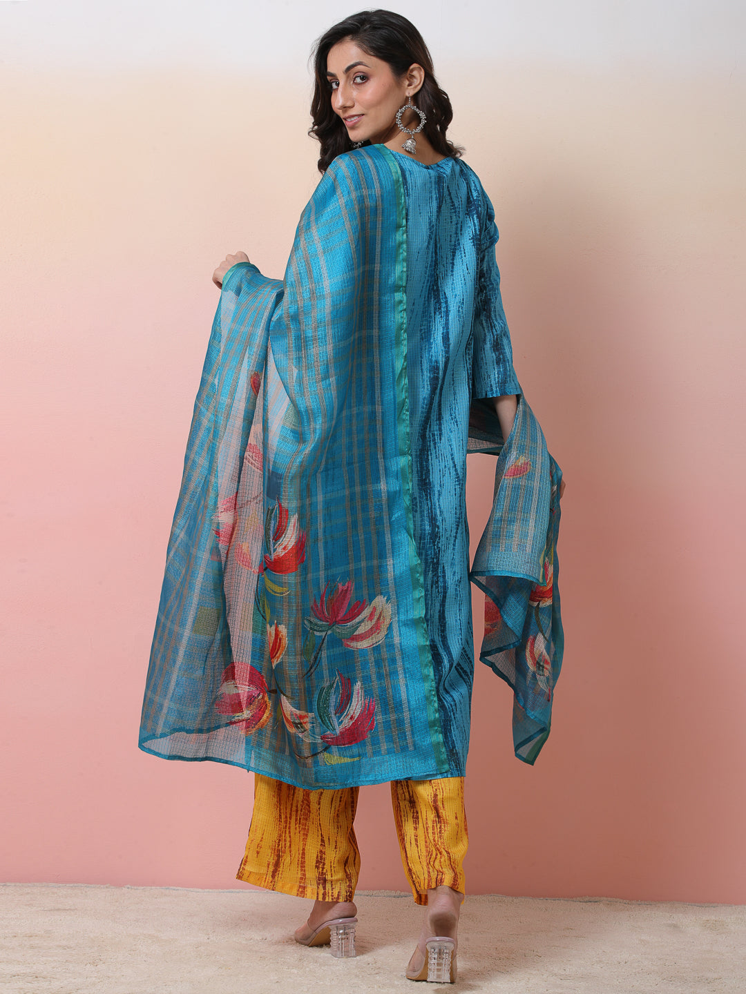 Blue & Mustard Printed Kurta Palazzo With Dupatta - Elganza