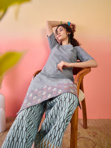 Grey & Blue Printed Cotton Kurta Set - Elganza