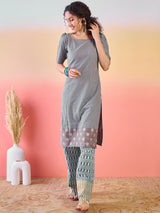 Grey & Blue Printed Cotton Kurta Set - Elganza
