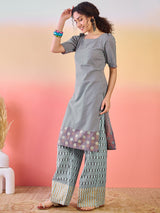 Grey & Blue Printed Cotton Kurta Set - Elganza