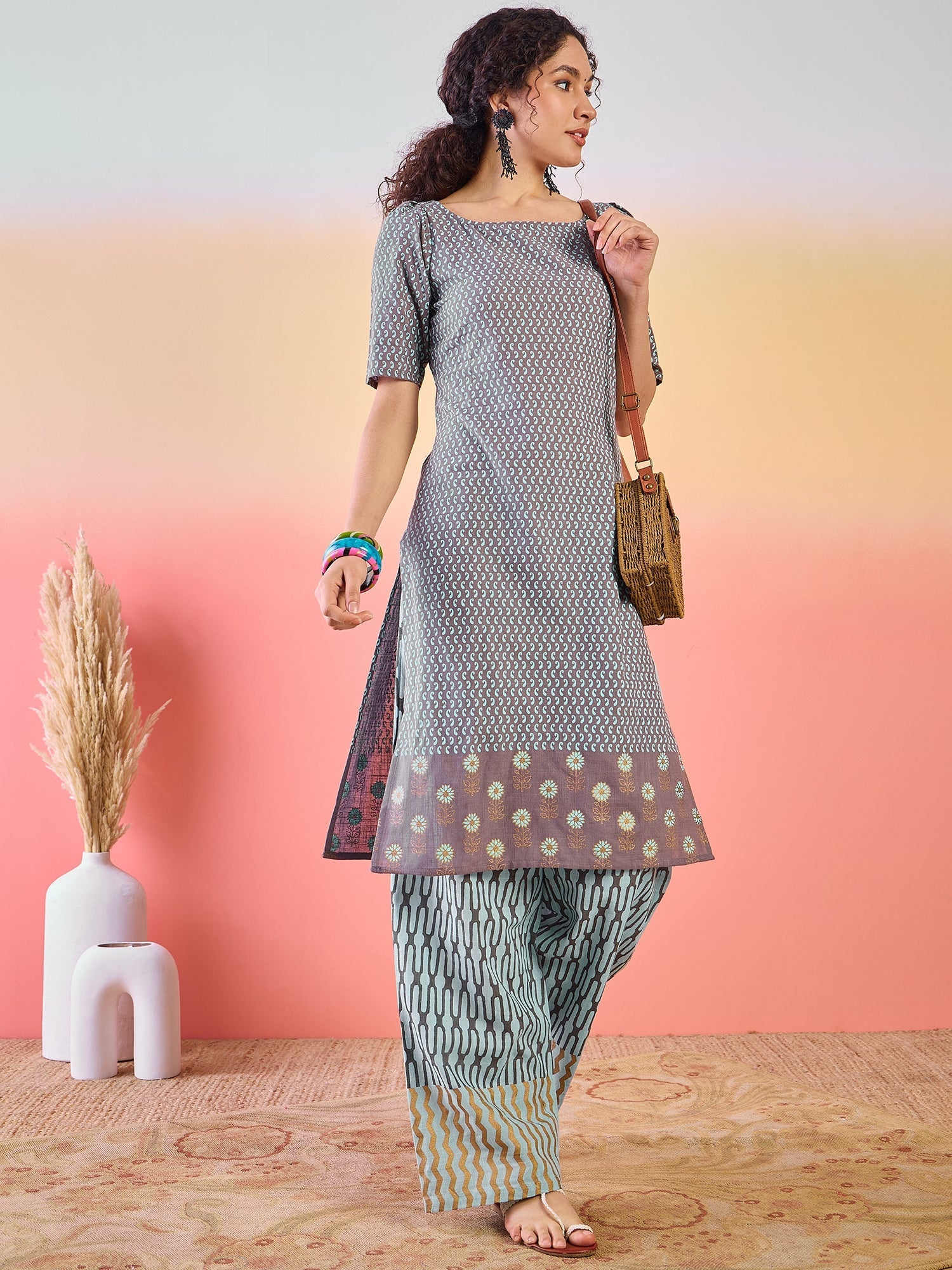 Grey & Blue Printed Cotton Kurta Set - Elganza