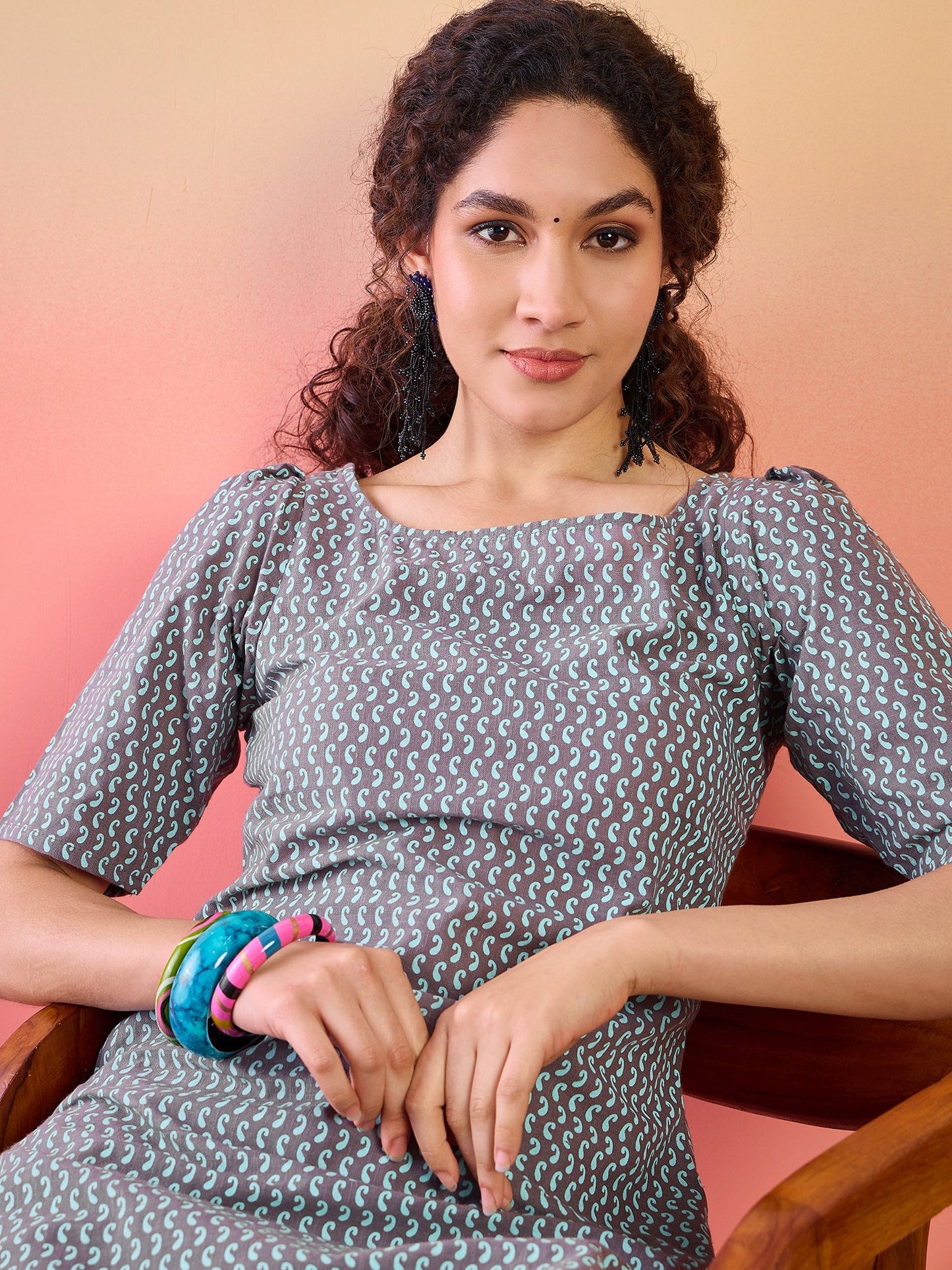 Grey & Blue Printed Cotton Kurta Set - Elganza