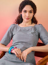 Grey & Blue Printed Cotton Kurta Set - Elganza