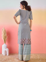 Grey & Blue Printed Cotton Kurta Set - Elganza