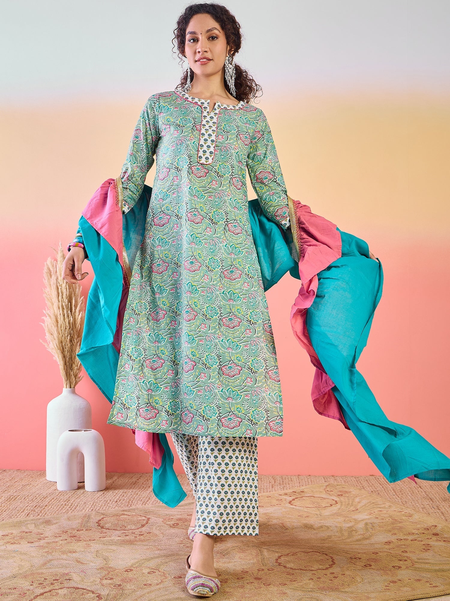 Green Floral Print Kurta Palazzo With Ruffle Dupatta - Elganza