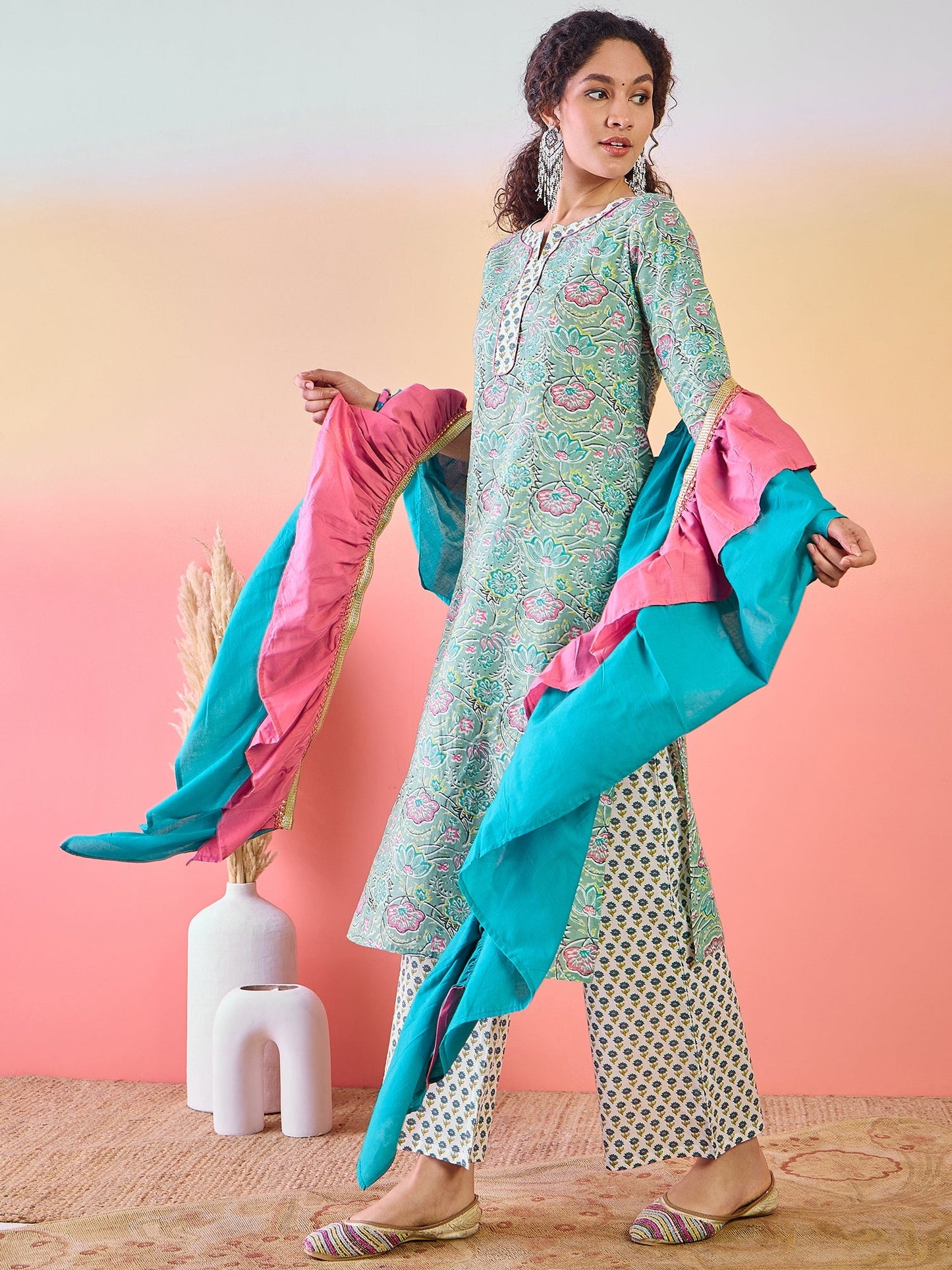 Green Floral Print Kurta Palazzo With Ruffle Dupatta - Elganza