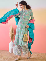 Green Floral Print Kurta Palazzo With Ruffle Dupatta - Elganza