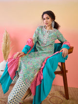 Green Floral Print Kurta Palazzo With Ruffle Dupatta - Elganza