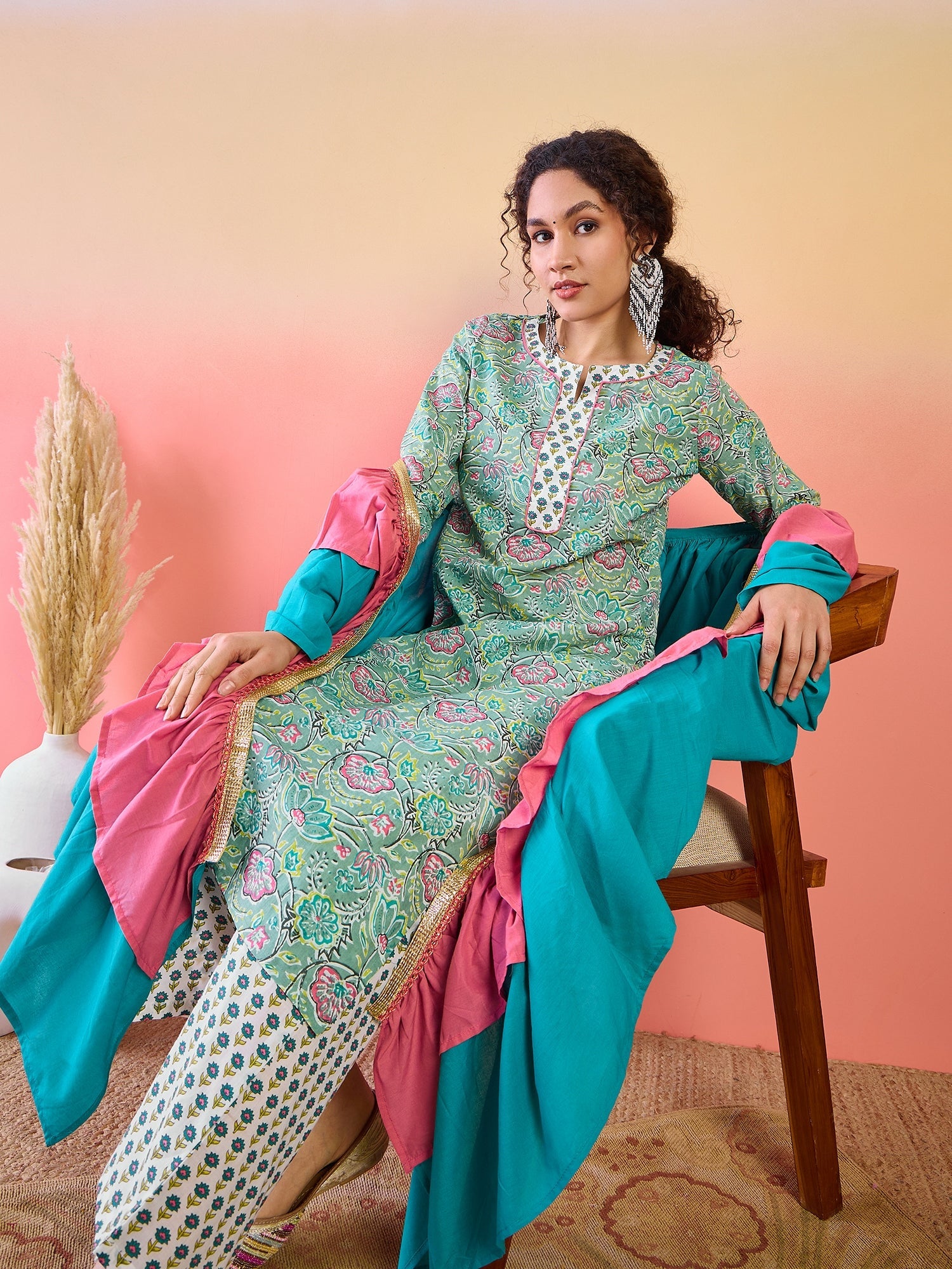 Green Floral Print Kurta Palazzo With Ruffle Dupatta - Elganza