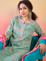 Green Floral Print Kurta Palazzo With Ruffle Dupatta - Elganza