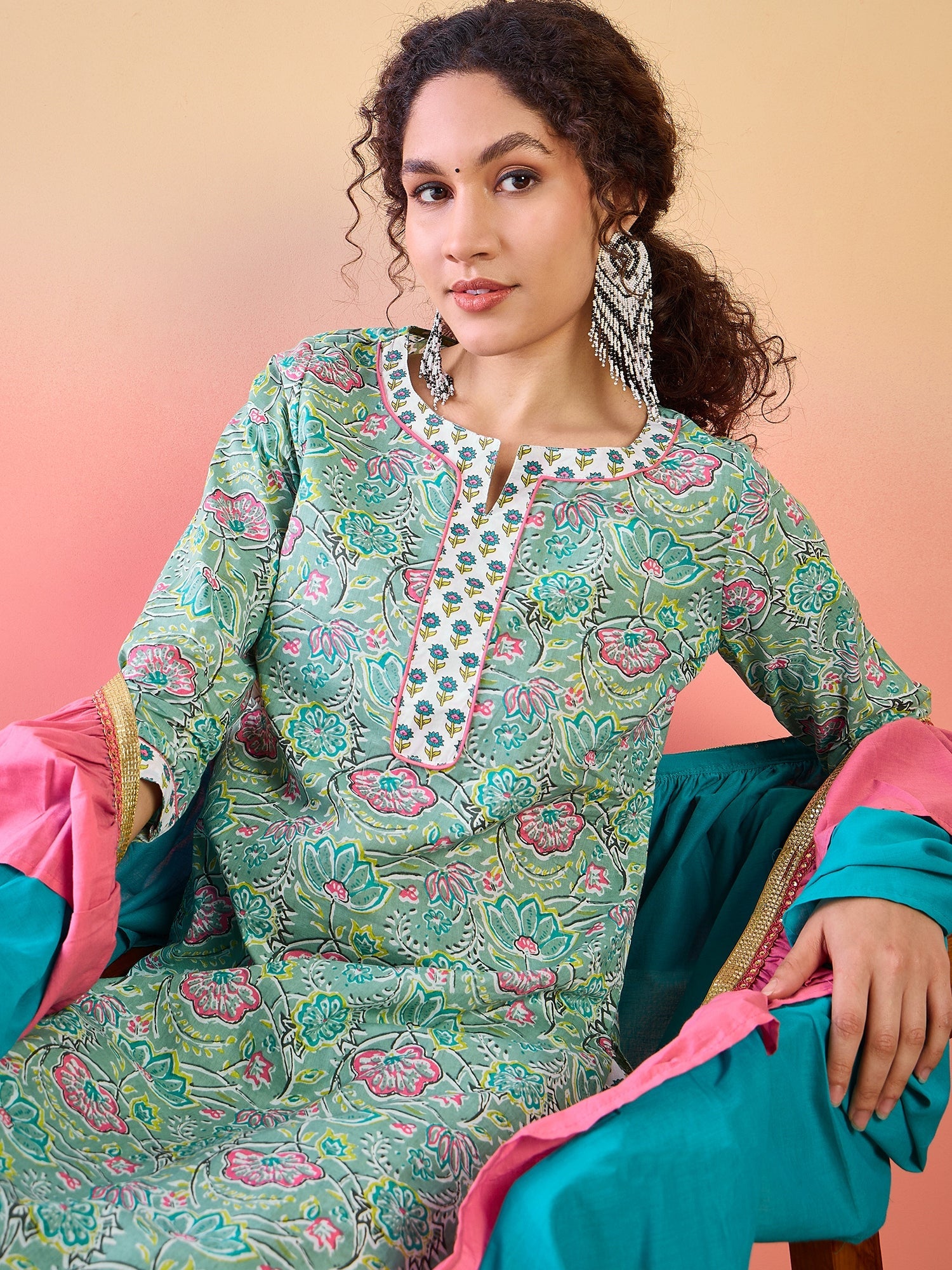 Green Floral Print Kurta Palazzo With Ruffle Dupatta - Elganza