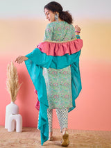 Green Floral Print Kurta Palazzo With Ruffle Dupatta - Elganza