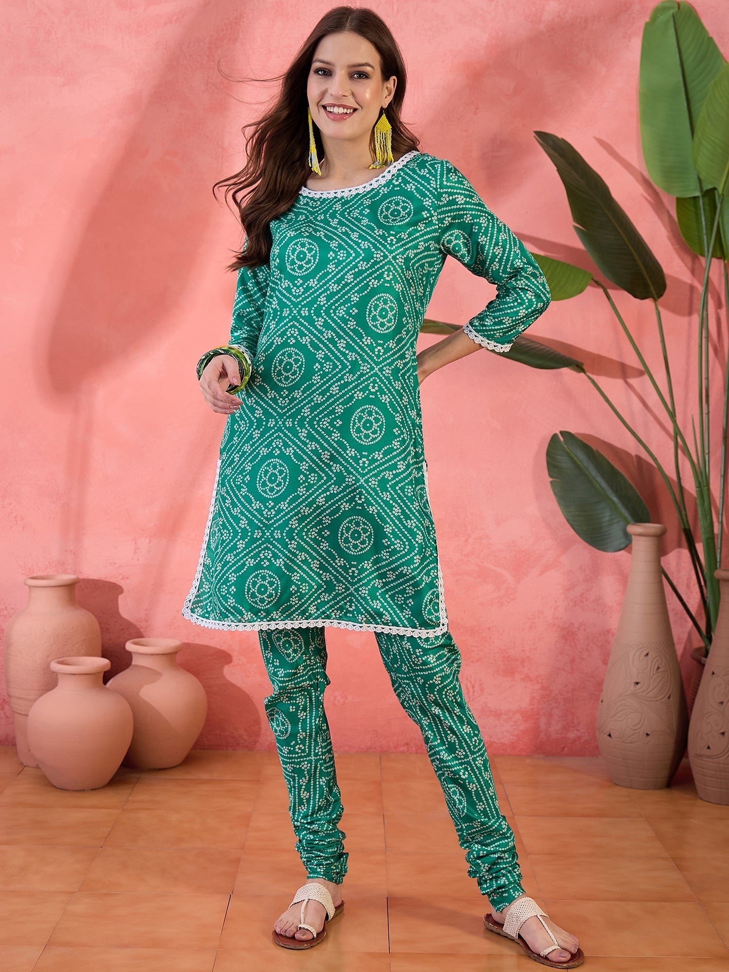 Green Bandhani Print Kurta With Churidar Pant - Elganza