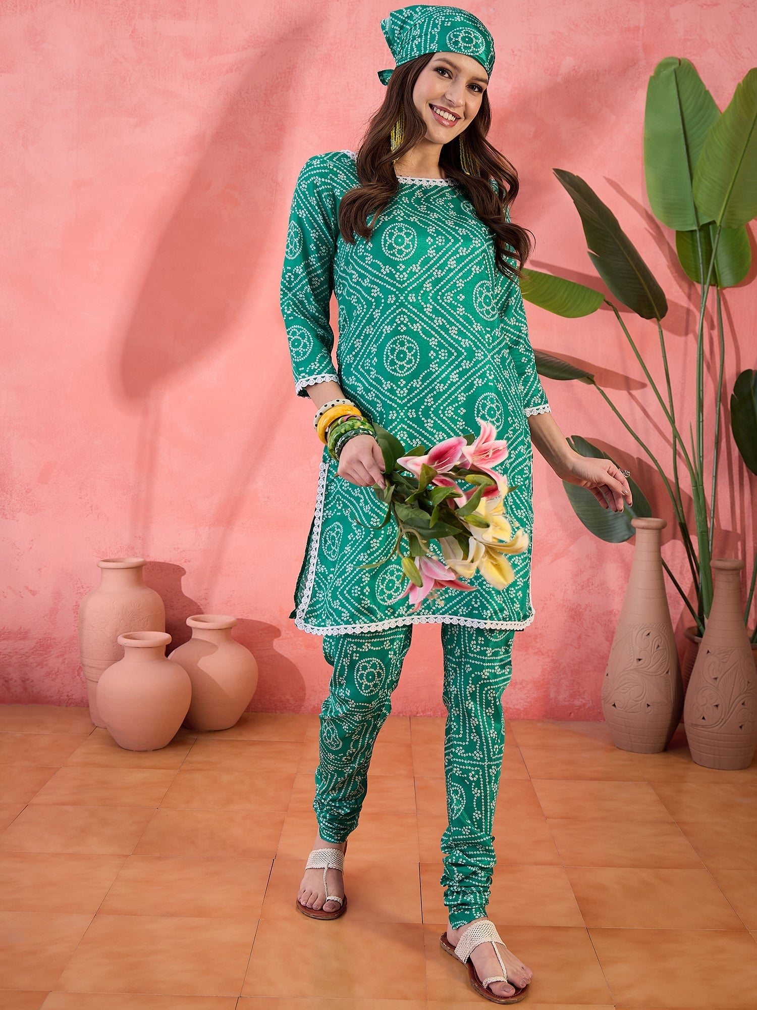 Green Bandhani Print Kurta With Churidar Pant - Elganza