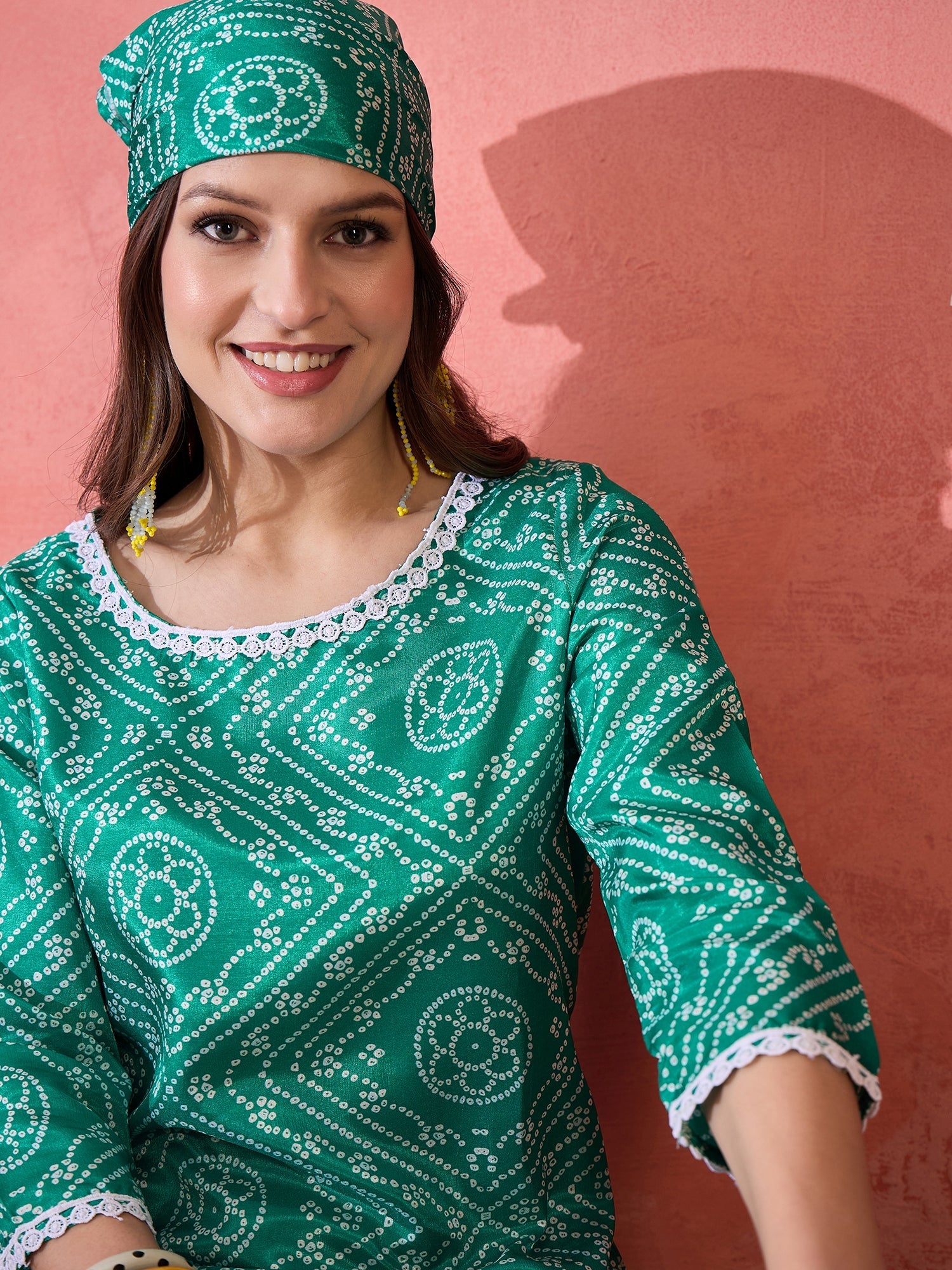 Green Bandhani Print Kurta With Churidar Pant - Elganza