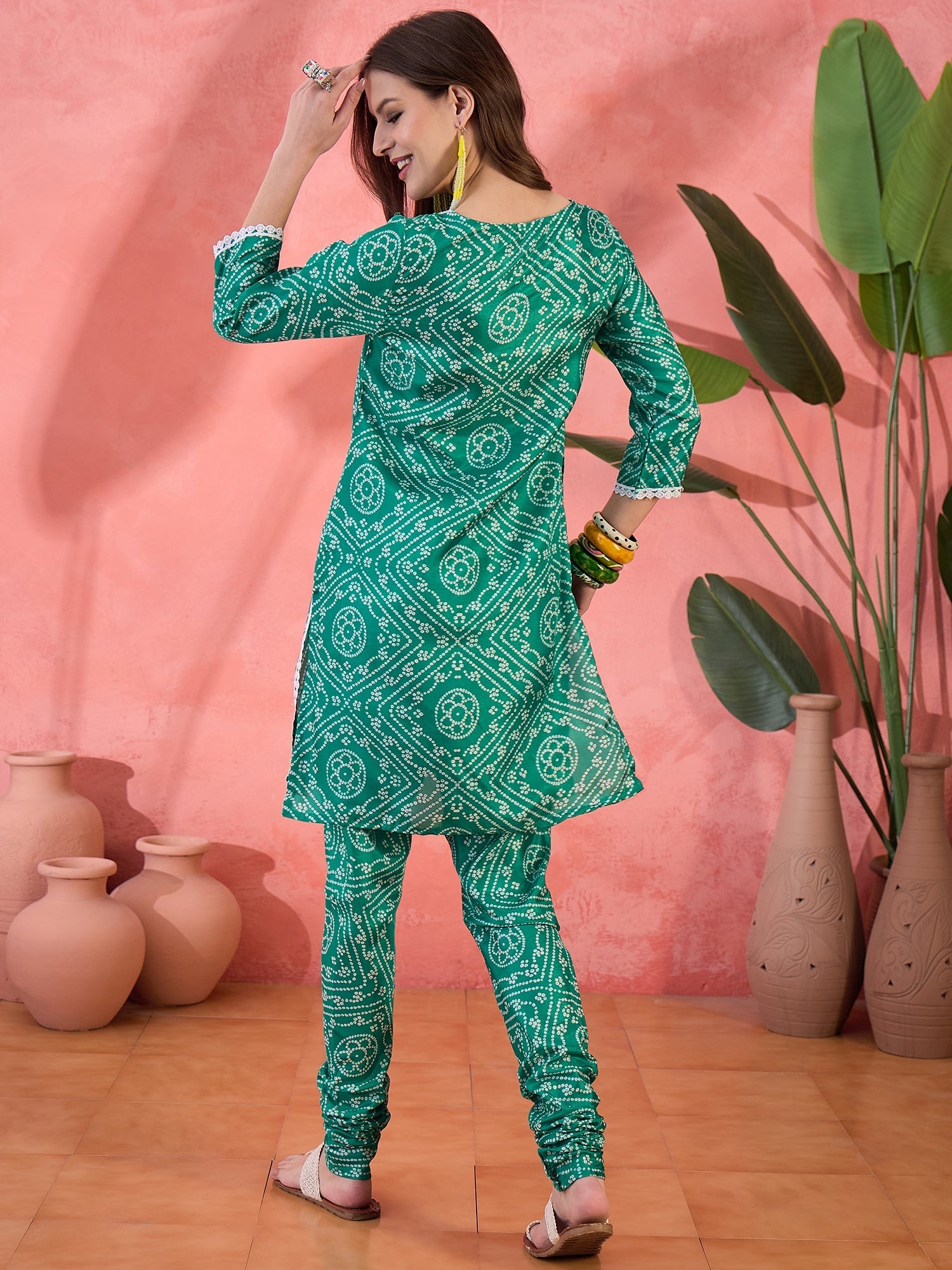Green Bandhani Print Kurta With Churidar Pant - Elganza