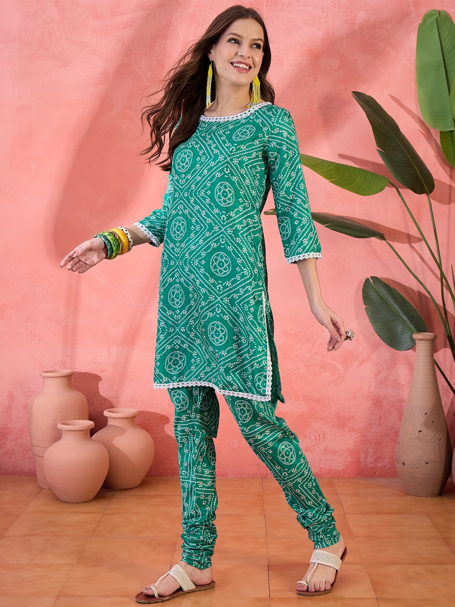Green Bandhani Print Kurta With Churidar Pant - Elganza