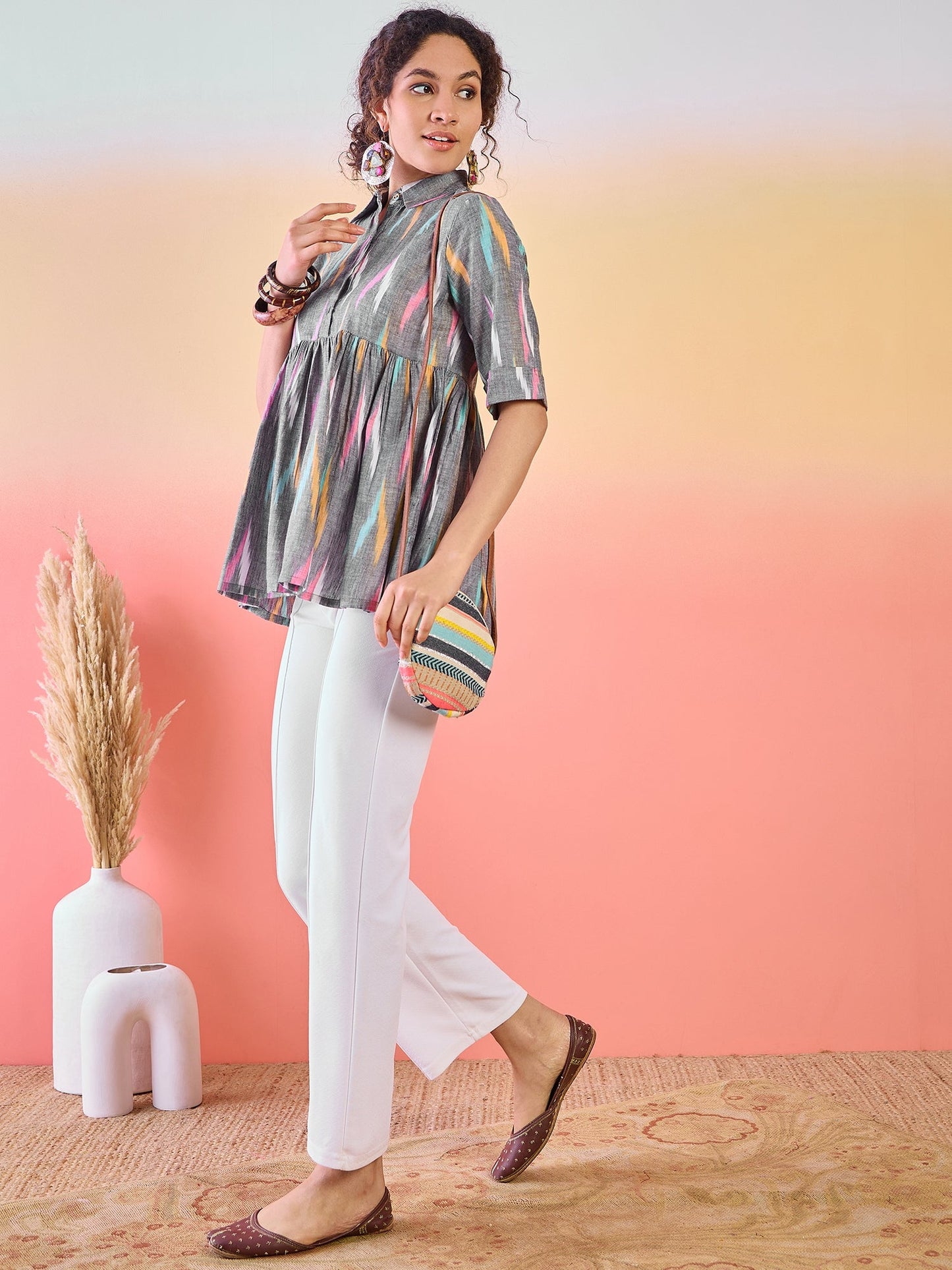 Grey Ikat Design Tunic - Elganza