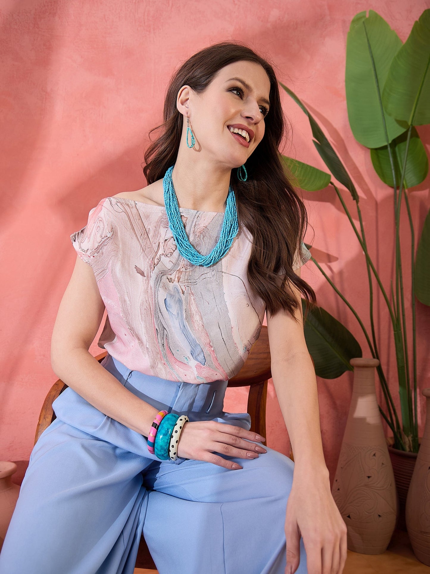 Multicolor Marble Print Off-Shoulder Top - Elganza