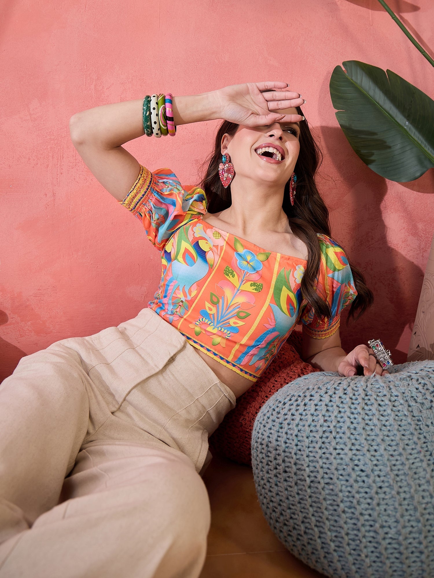 Orange & Blue Printed Crop Top - Elganza