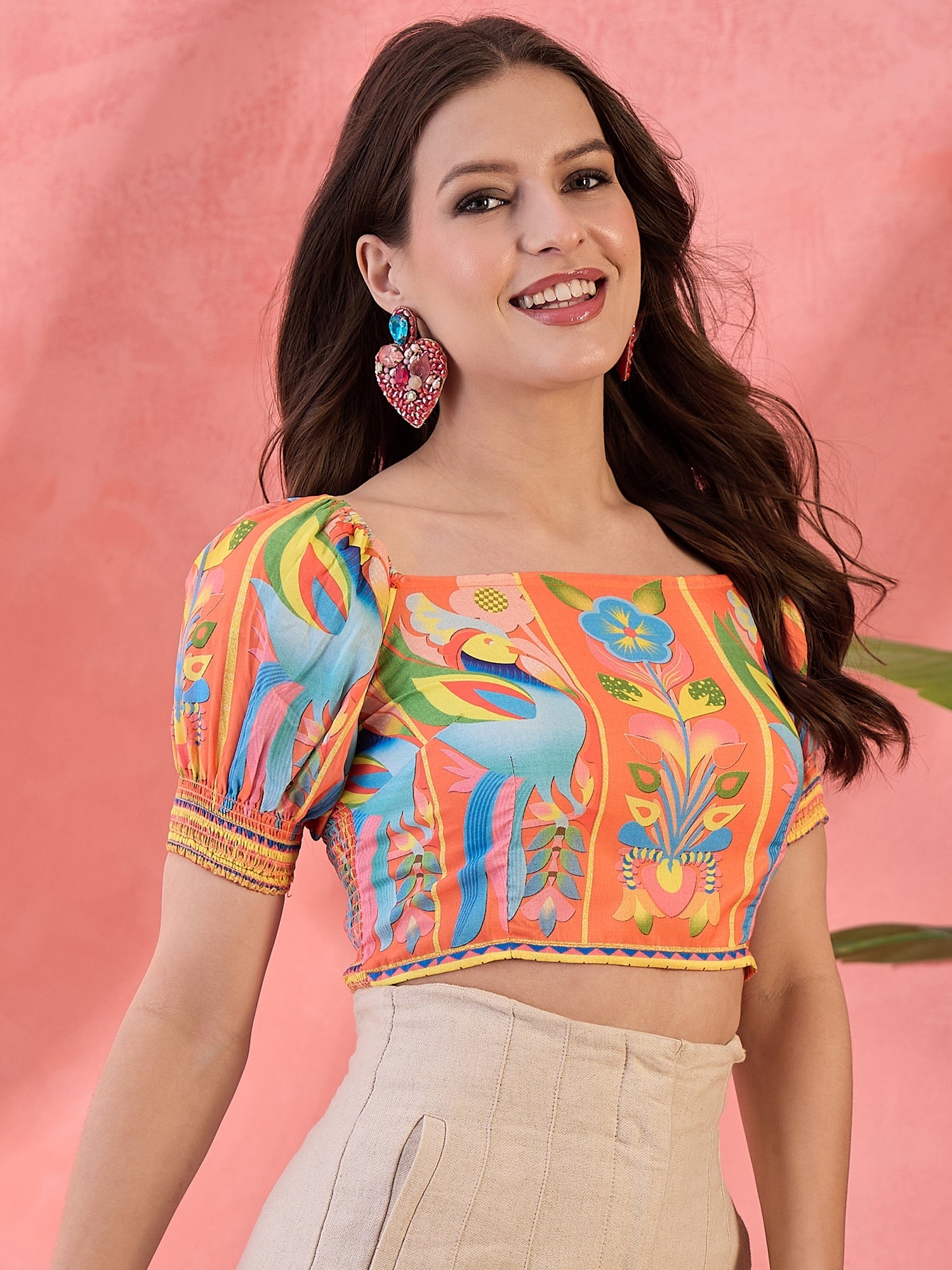 Orange & Blue Printed Crop Top - Elganza
