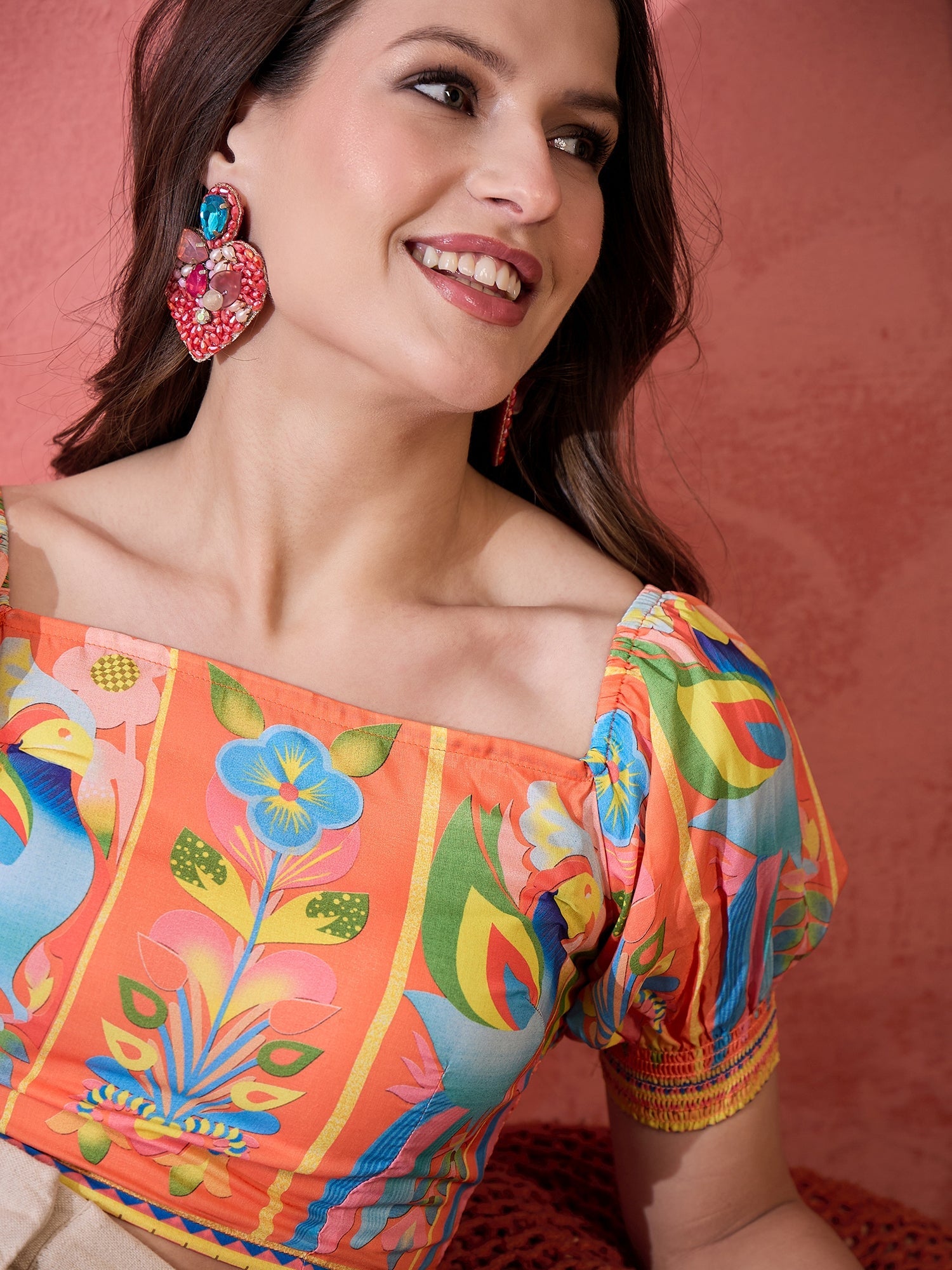 Orange & Blue Printed Crop Top - Elganza