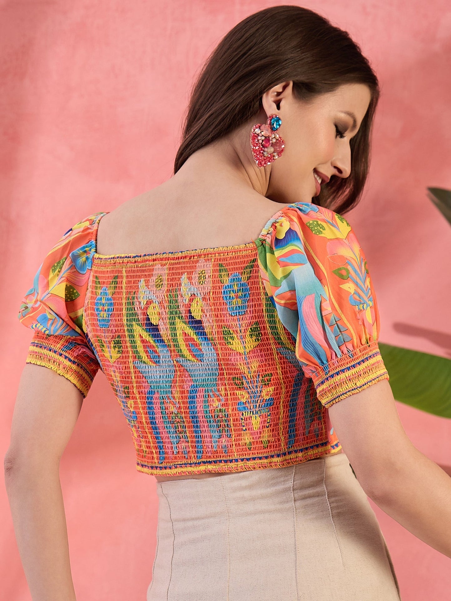 Orange & Blue Printed Crop Top - Elganza