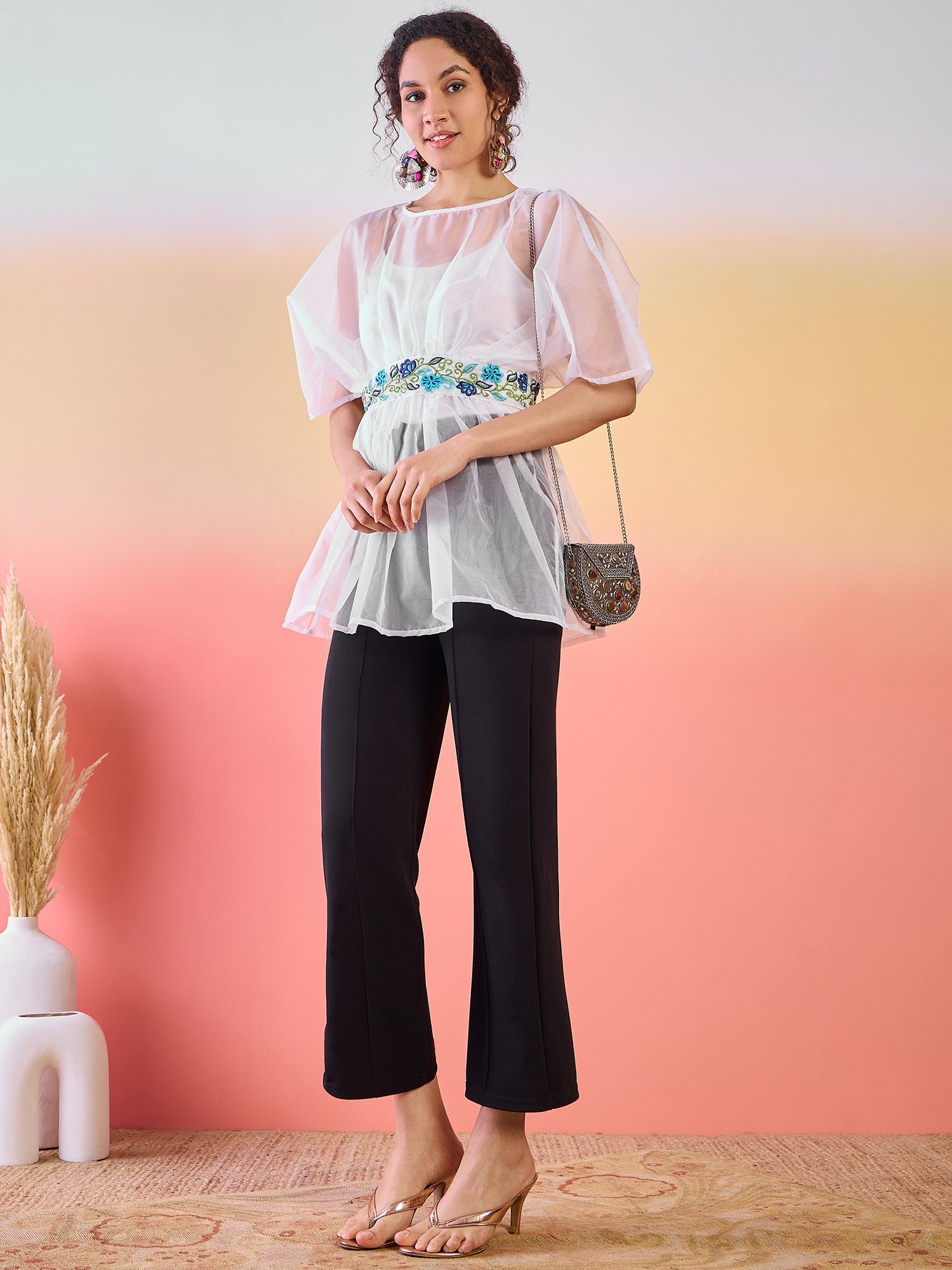 White Embroidered Organza Tunic - Elganza