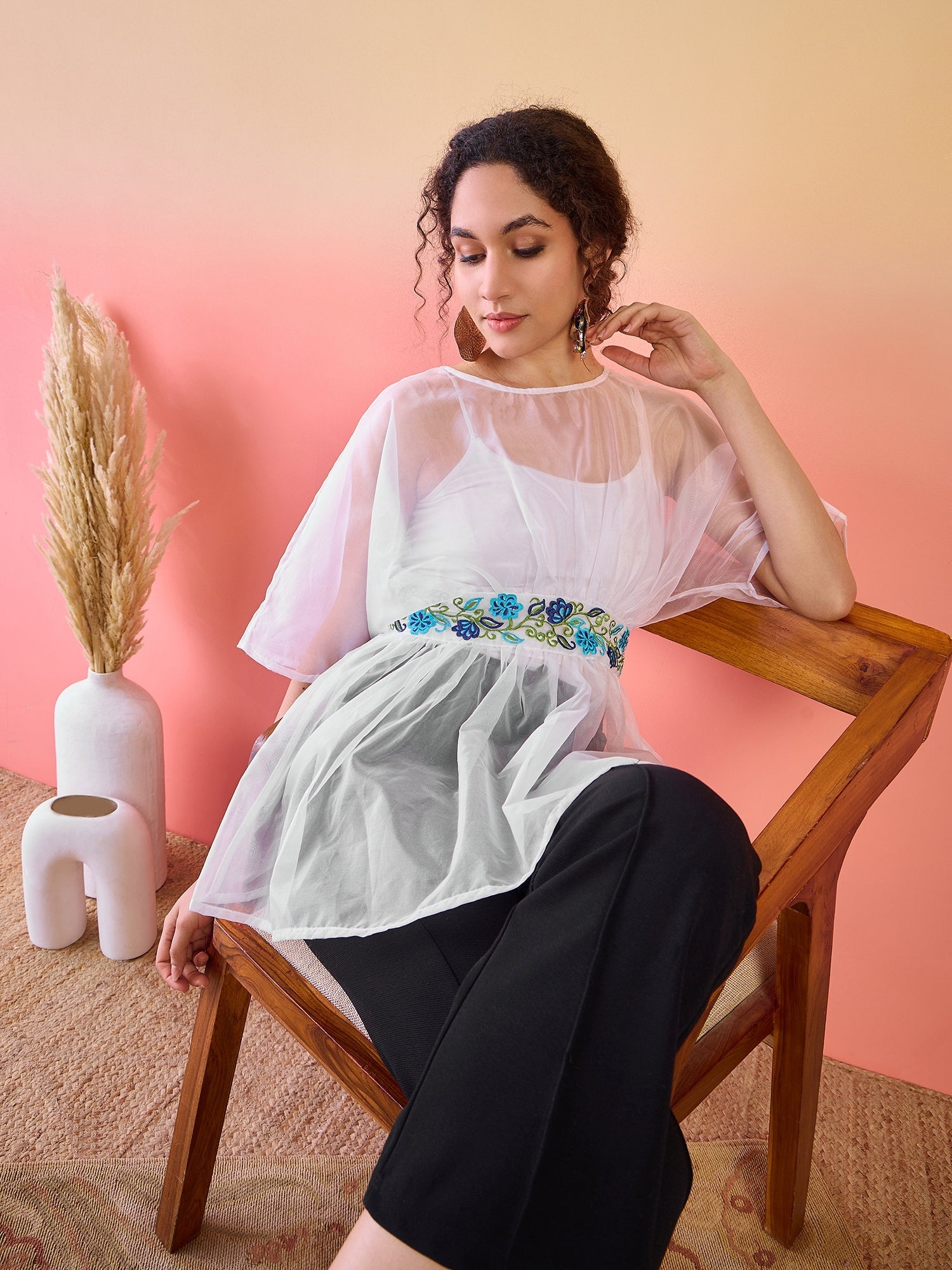 White Embroidered Organza Tunic - Elganza