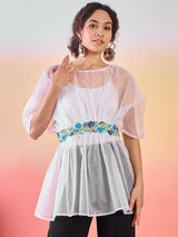 White Embroidered Organza Tunic - Elganza