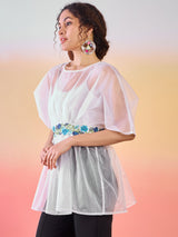 White Embroidered Organza Tunic - Elganza