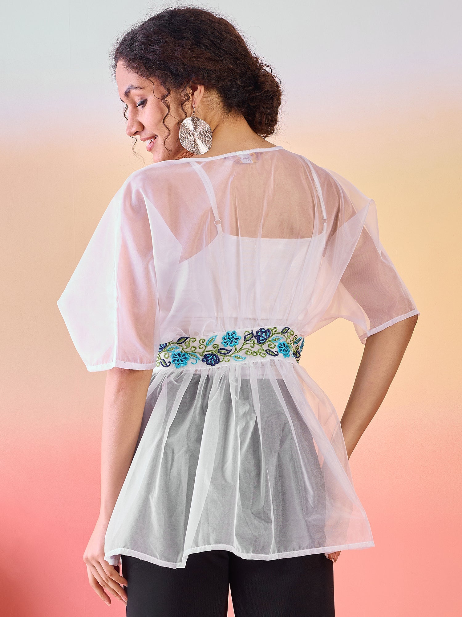 White Embroidered Organza Tunic - Elganza