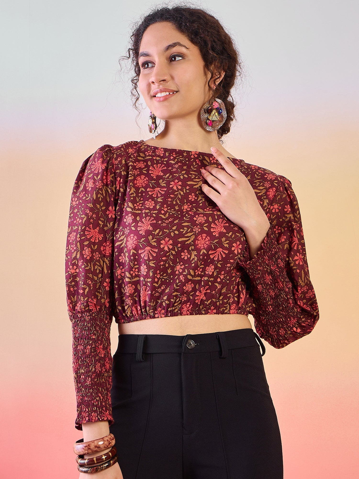 Burgundy Floral Print Crop Top - Elganza