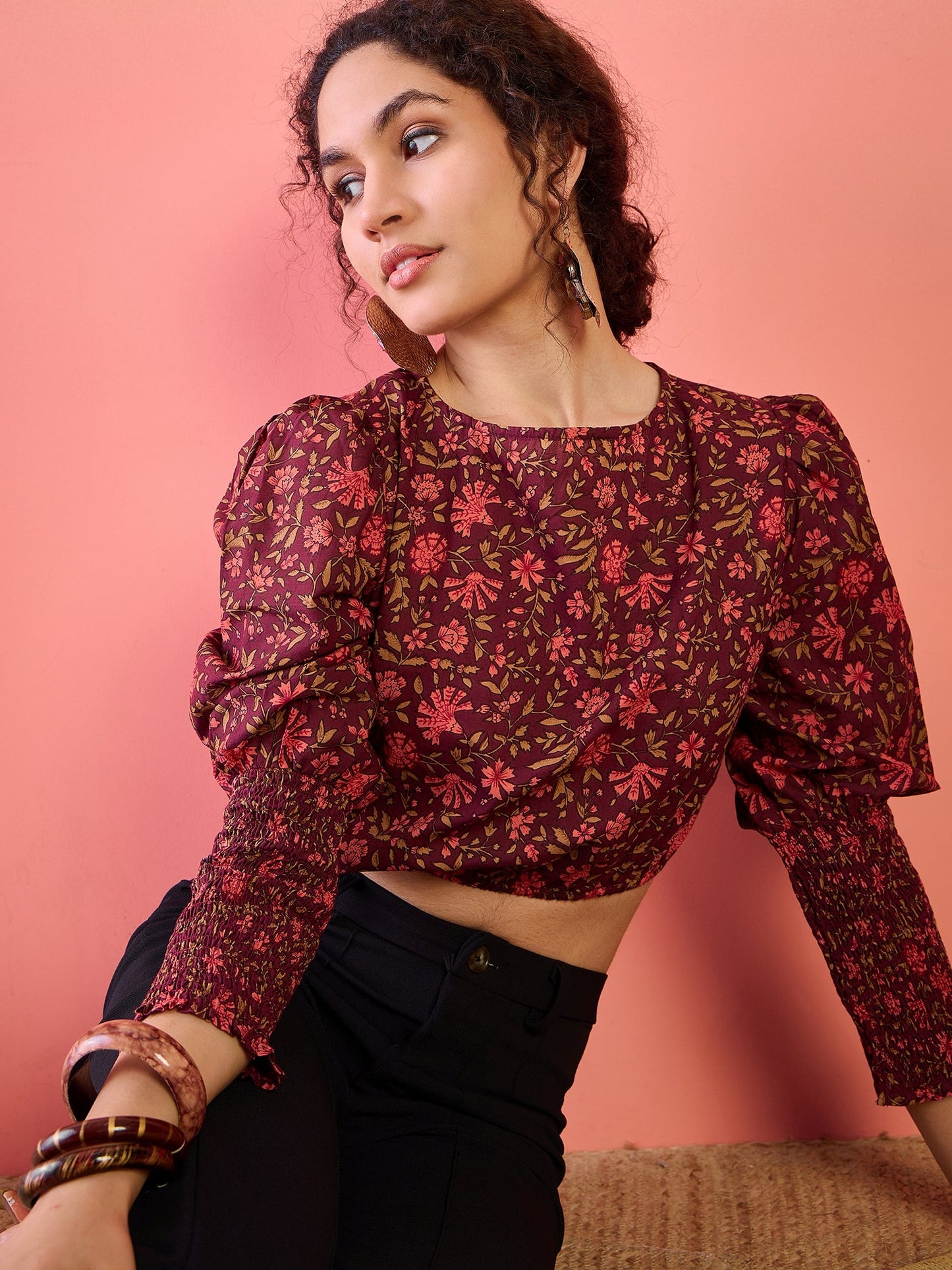 Burgundy Floral Print Crop Top - Elganza