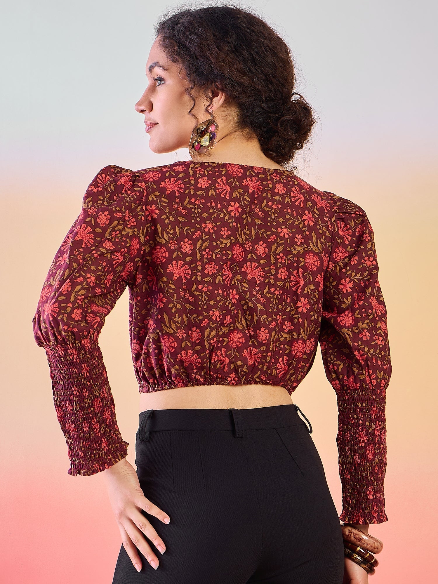 Burgundy Floral Print Crop Top - Elganza