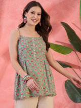 Pastel Green Floral Print Top - Elganza
