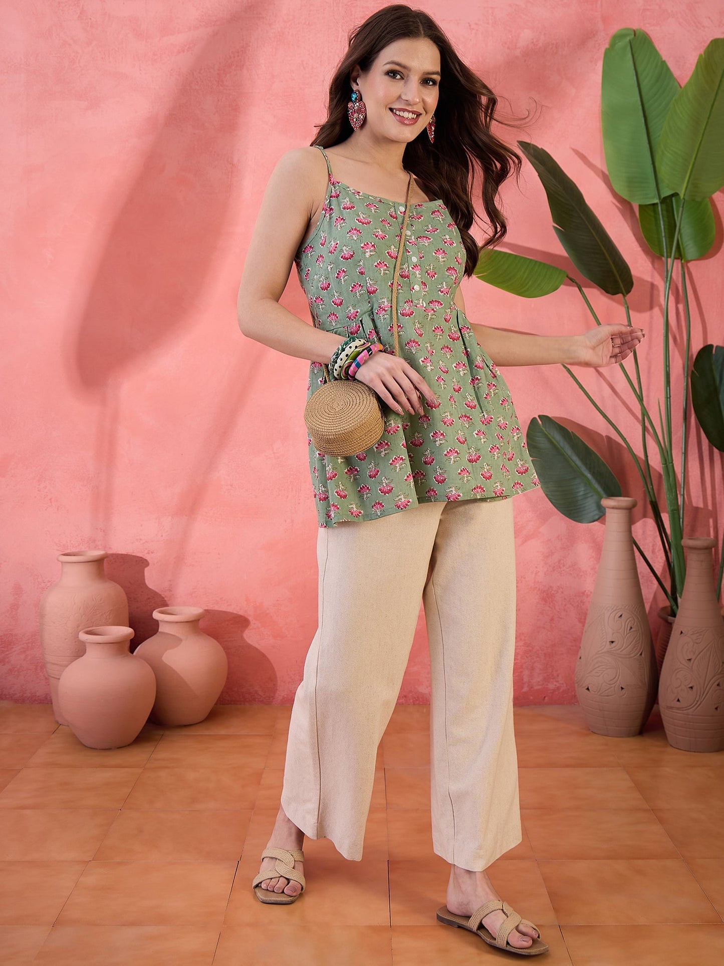 Pastel Green Floral Print Top - Elganza