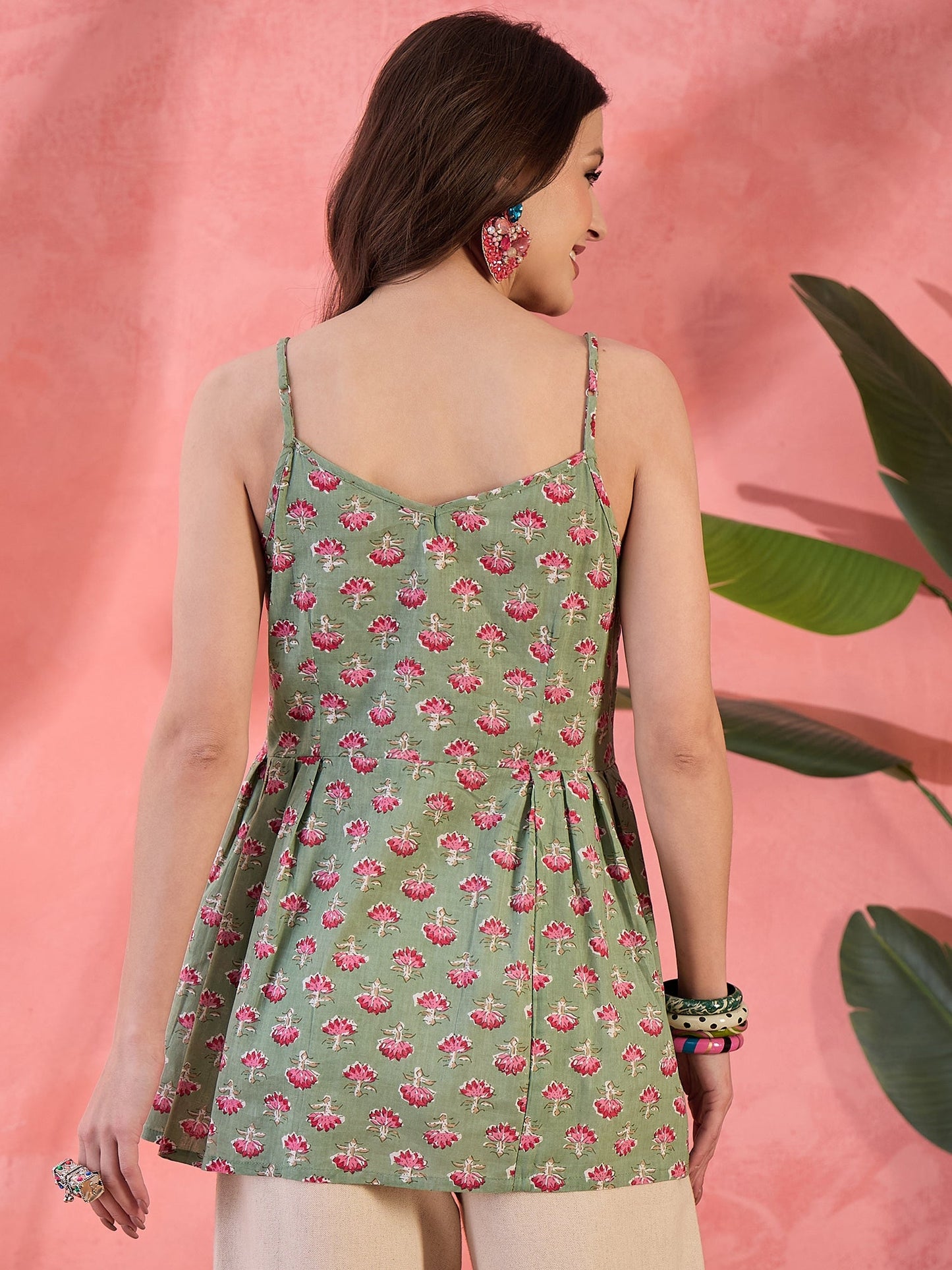 Pastel Green Floral Print Top - Elganza
