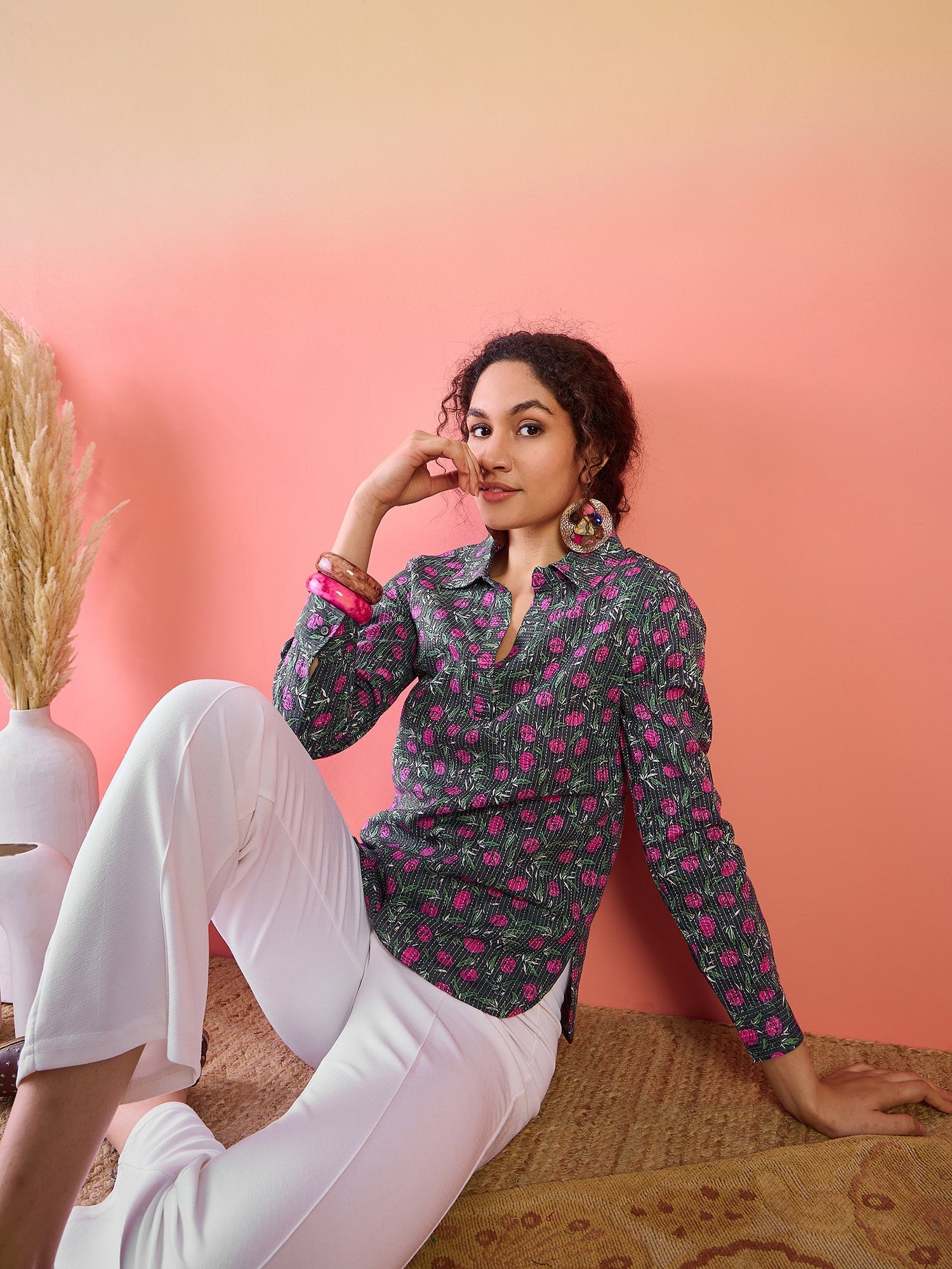 Grey Floral Print Tunic - Elganza