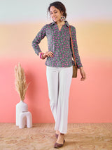 Grey Floral Print Tunic - Elganza