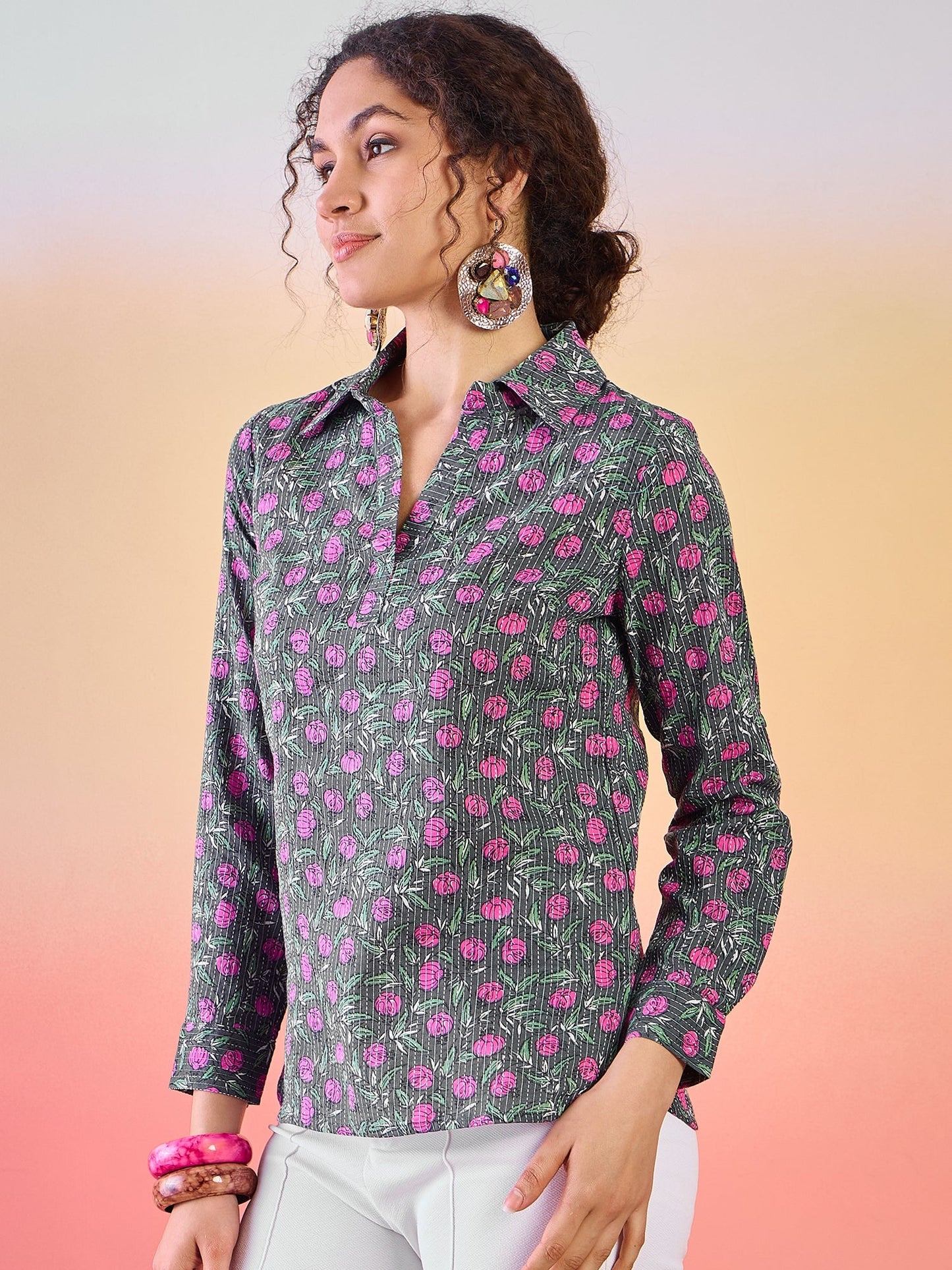 Grey Floral Print Tunic - Elganza