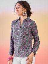 Grey Floral Print Tunic - Elganza