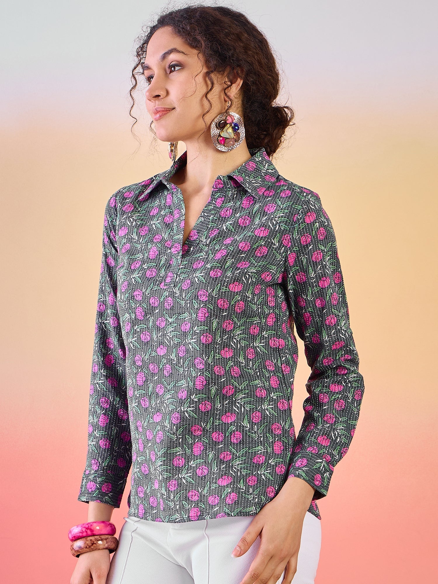 Grey Floral Print Tunic - Elganza