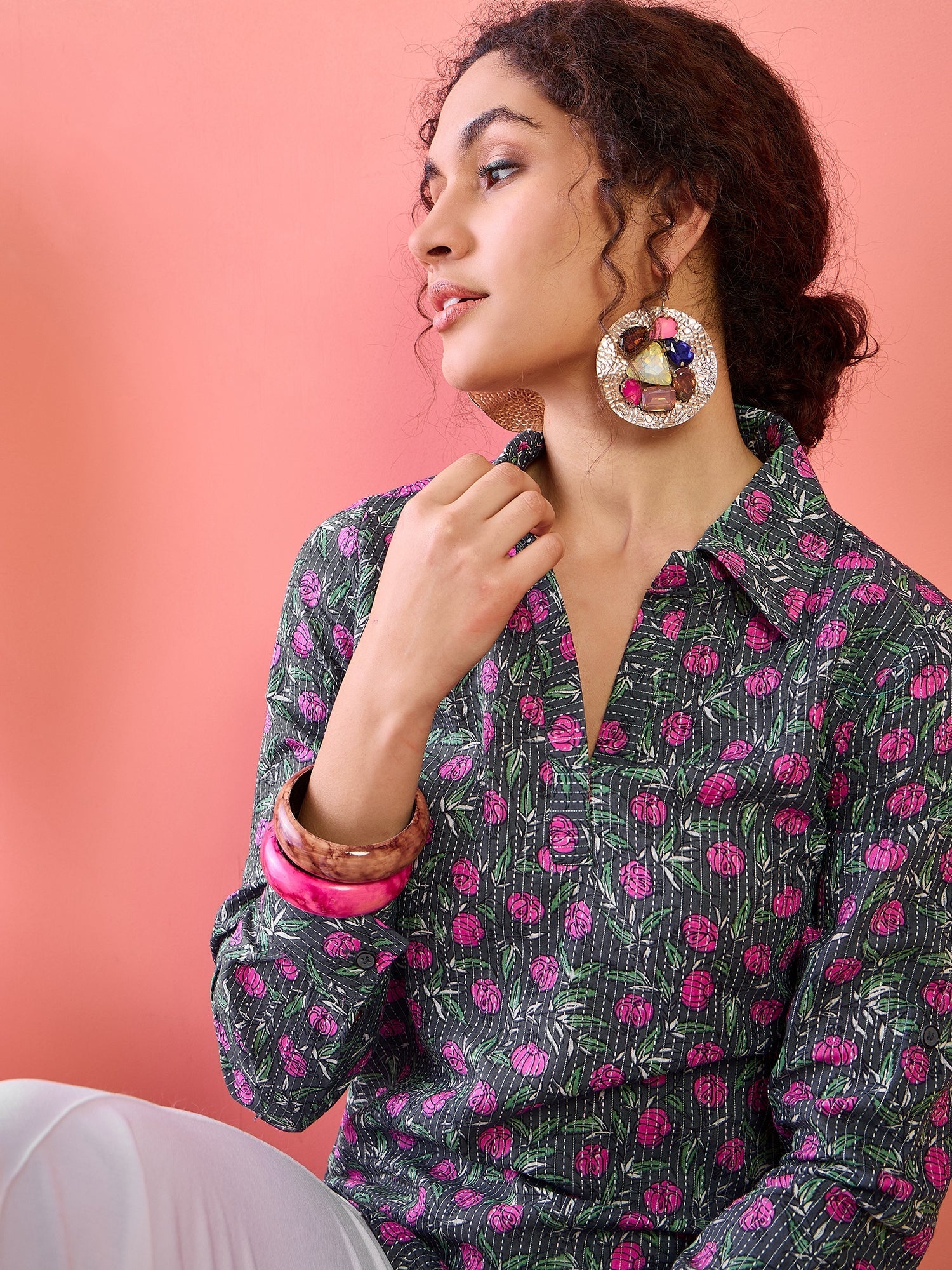 Grey Floral Print Tunic - Elganza