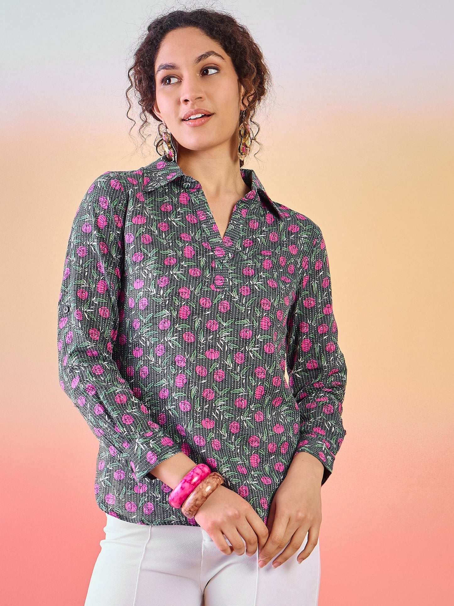 Grey Floral Print Tunic - Elganza