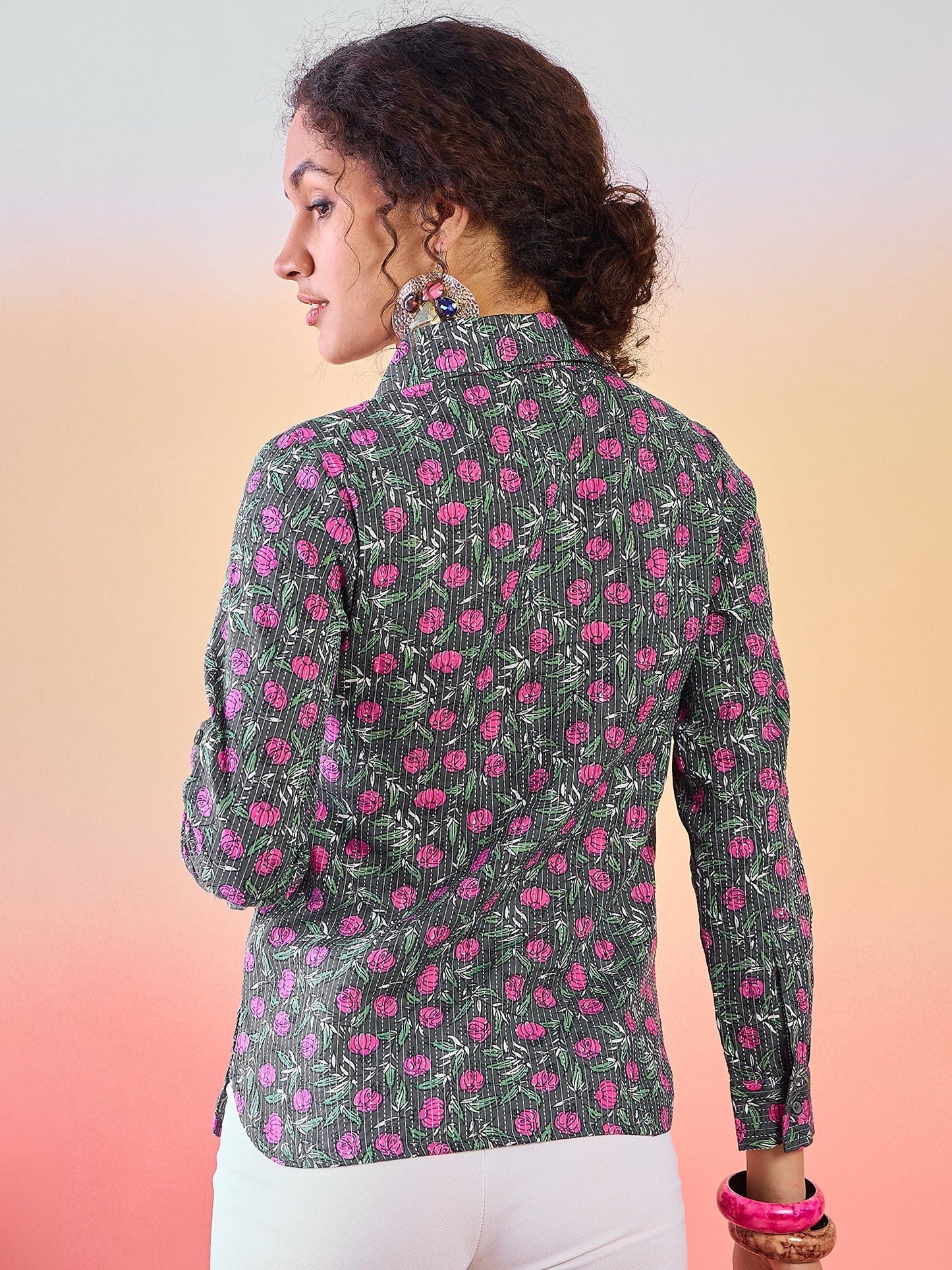Grey Floral Print Tunic - Elganza